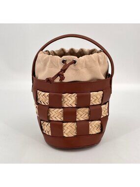 Hereu Galleda Bucket Bag Brown Leather Woven Straw Drawstring Handle Flat Base